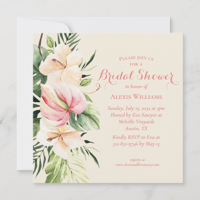 Tropical Plumeria & Flamingo Lily Bridal Shower In Invitation (Front)
