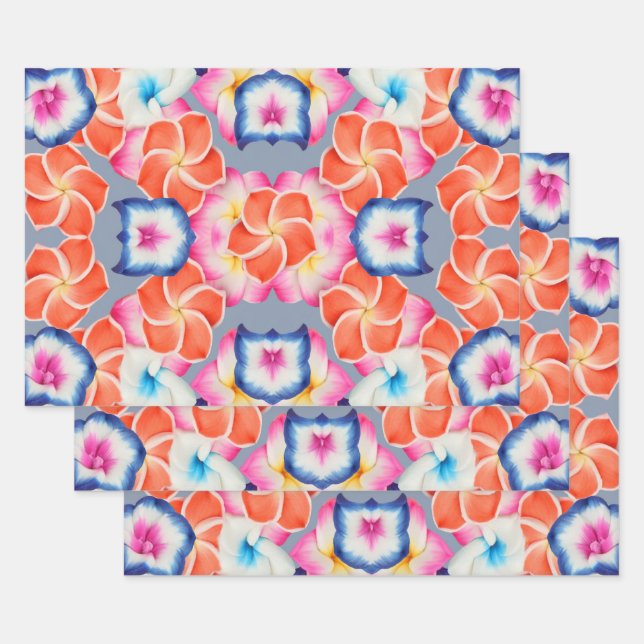 Tropical Plumeria Flowers X Pattern  Wrapping Paper Sheet (Set)