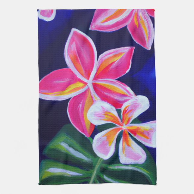 Tropical Plumeria frangipani kitchen decor towel (Vertical)