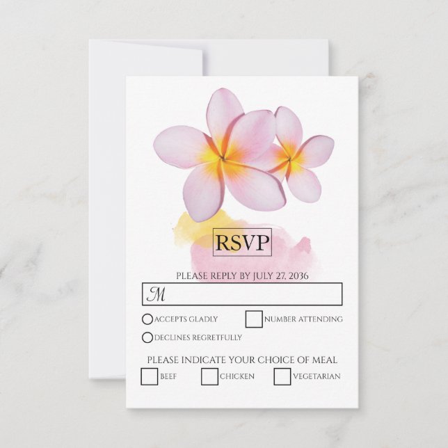 Tropical Plumeria Frangipani Wedding RSVP Cards (Front)