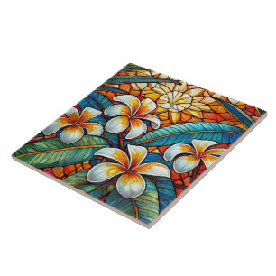 Tropical plumeria on orange Stained glass art Tile