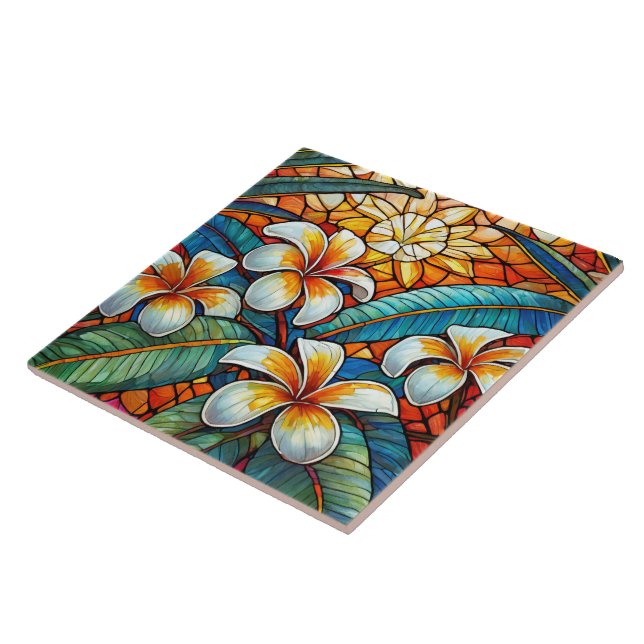 Tropical plumeria on orange Stained glass art Tile (Side)