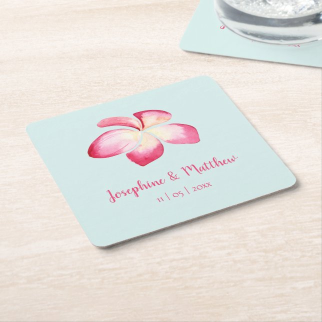 Tropical Plumeria Pink Watercolor Wedding Square Paper Coaster (Angled)