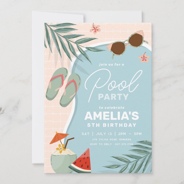 Tropical Pool birthday party invitation (Front)