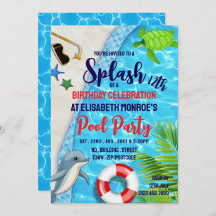 Tropical Pool, Dolphin/Turtle Birthday Pool Party Invitation