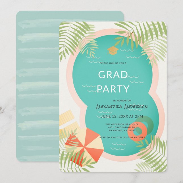 Tropical Pool Graduation Party Invitation (Front/Back)