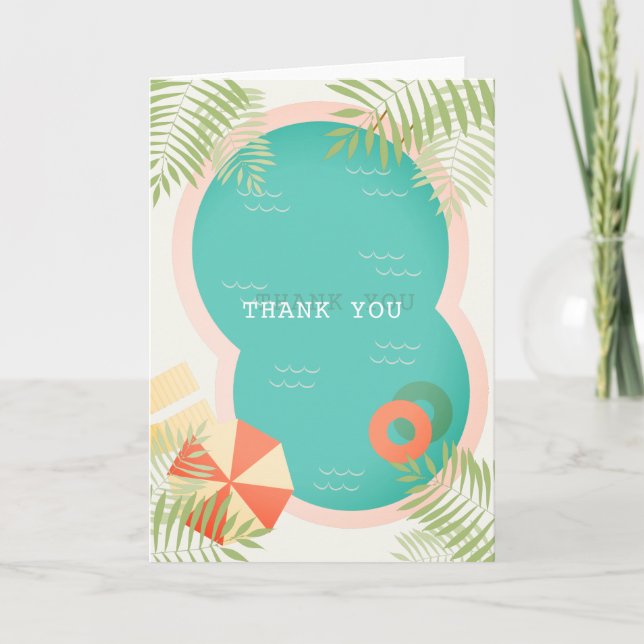 Tropical Pool Palm Tree Beige Thank You Card (Front)