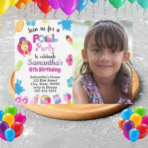 Tropical Pool Party Birthday Invitations for Girl 