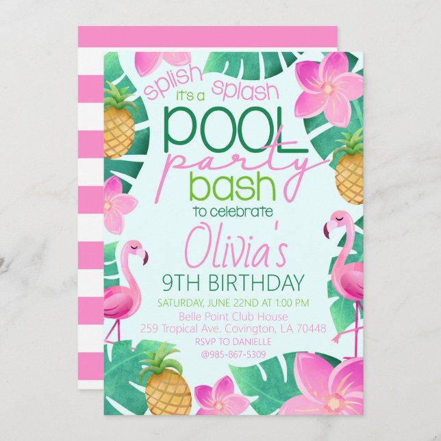Tropical Pool Party Birthday Party Invitation (Front/Back)