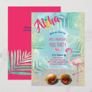 Tropical POOL PARTY Flamingo  Pineapple Aloha Luau Invitation