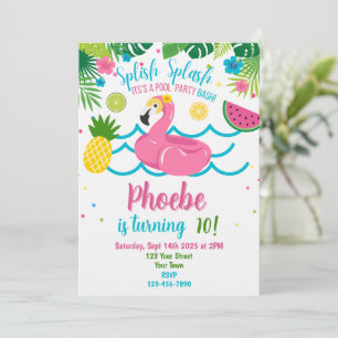 Tropical Pool Party Pink Flamingo Invitation