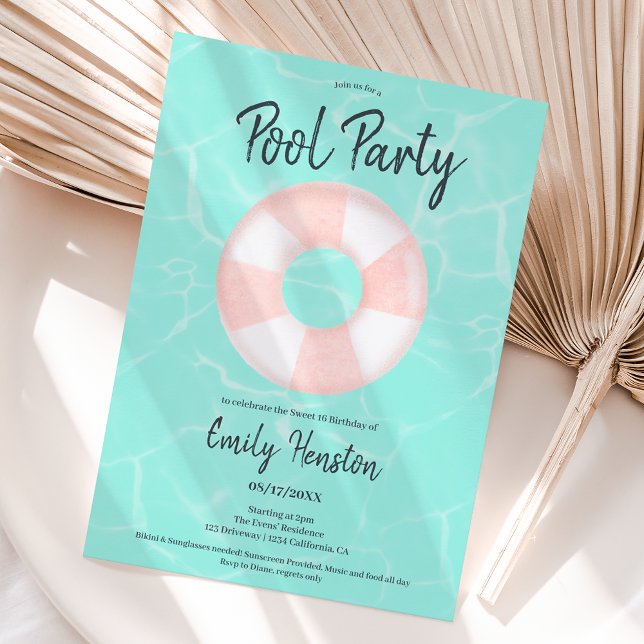 Tropical pool party pink floater Sweet 16 Invitation (Creator Uploaded)
