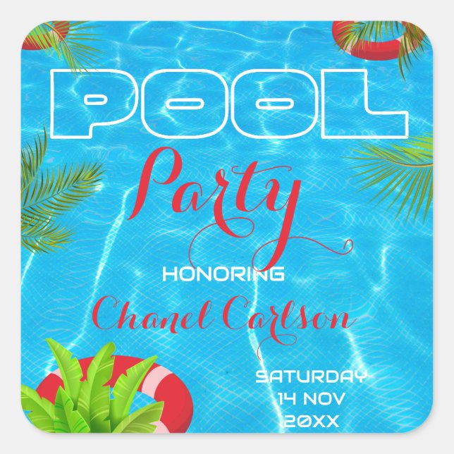 Tropical Pool Party | Summer Birthday Square Sticker (Front)