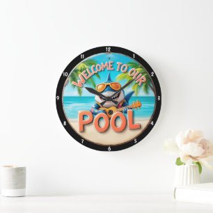 Tropical Pool Shark Playing Guitar Vacation Vibes Large Clock