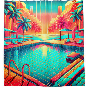 “Tropical Pool with Cityscape - Vibrant Retro Art”