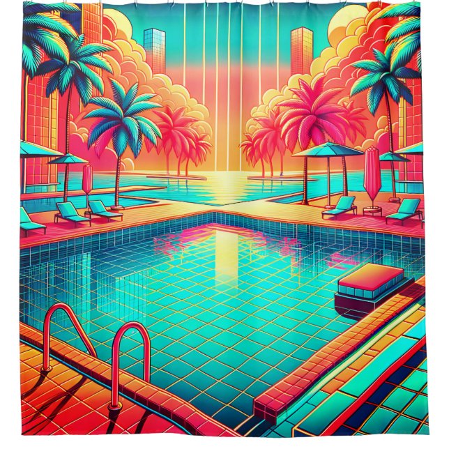 “Tropical Pool with Cityscape - Vibrant Retro Art” (Front)
