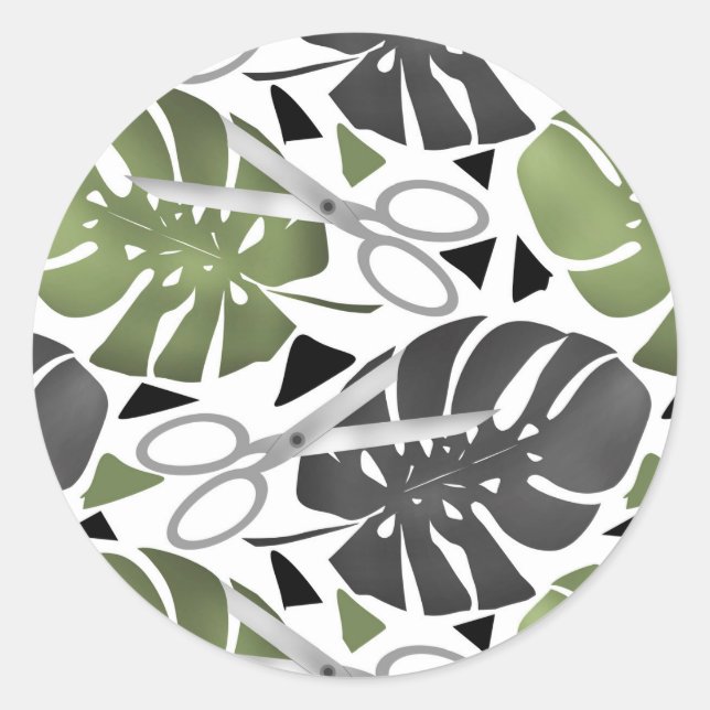 Tropical print monstera leaves scissors jungle exo classic round sticker (Front)