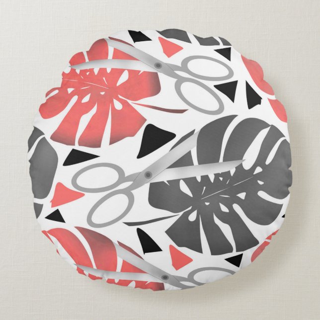 Tropical print monstera leaves scissors jungle exo round pillow (Front)