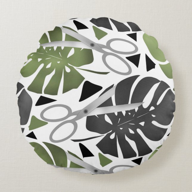 Tropical print monstera leaves scissors jungle exo round pillow (Front)