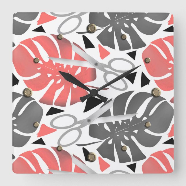 Tropical print monstera leaves scissors jungle exo square wall clock (Front)