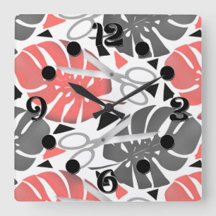 Tropical print monstera leaves scissors jungle exo square wall clock
