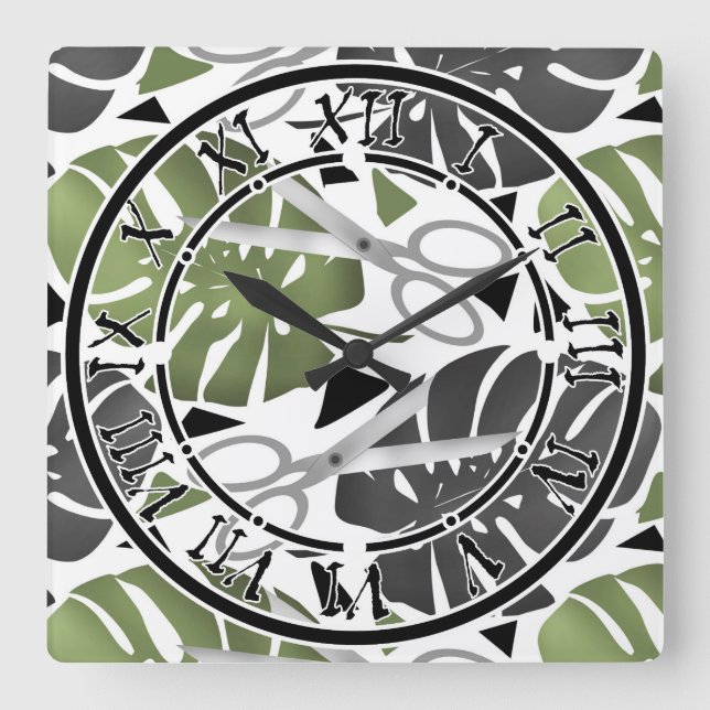 Tropical print monstera leaves scissors jungle exo square wall clock (Front)