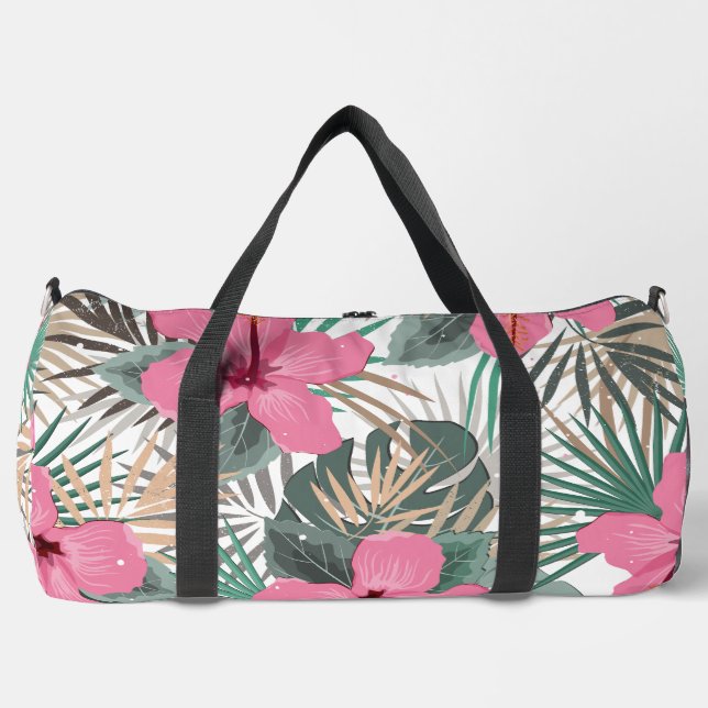 Tropical Print Pink Hibiscus Large Duffle Bag (Front)