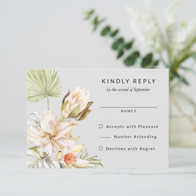 Tropical Protea Flowers Wedding RSVP Reply (Standing Front)