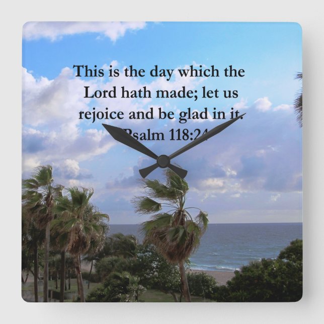 TROPICAL PSALM 118:24 OCEAN AND PALM TREES SQUARE WALL CLOCK (Front)