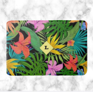 Tropical Purple and Green Botanical Flowers Bath Mat