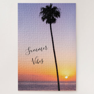 Tropical Purple California Palm Tree Beach Sunset Jigsaw Puzzle