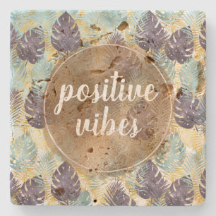 Tropical Purple Green Gold Leaves Positive Vibes Stone Coaster