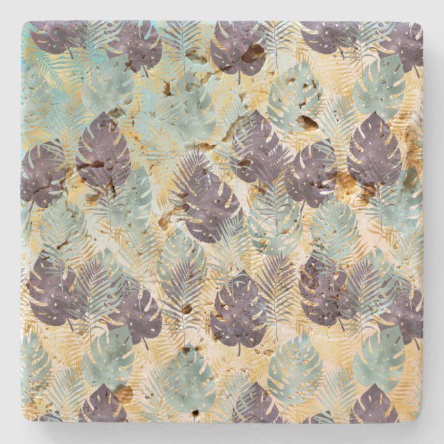 Tropical Purple Green Gold Leaves     Stone Coaster (Front)