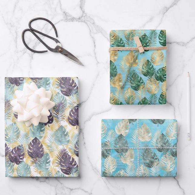 Tropical Purple Green Gold Leaves Wrapping Paper Sheet (Front)