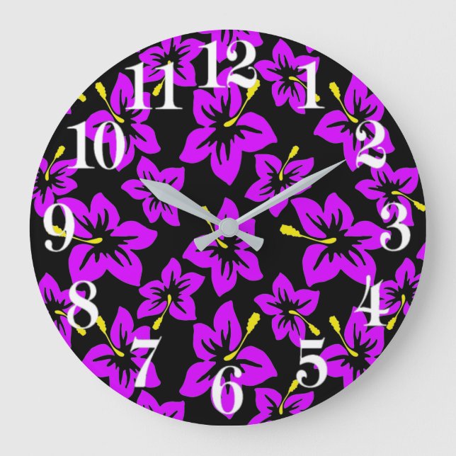 Tropical Purple Hawaiian Hibiscus Flowers Large Clock (Front)