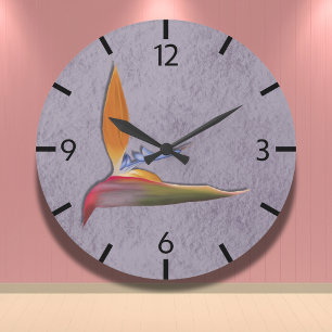 Tropical Purple Modern Bird of Paradise Hand-Drawn Large Clock