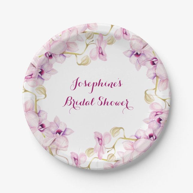 Tropical Purple Orchids Floral Bridal Shower Paper Plate (Front)