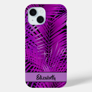 Tropical Purple Palm Fronds on Black Personalized iPhone 15 Case