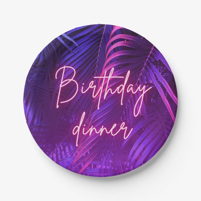 Tropical Purple Palm Leaf Birthday Dinner Paper Plate (Front)