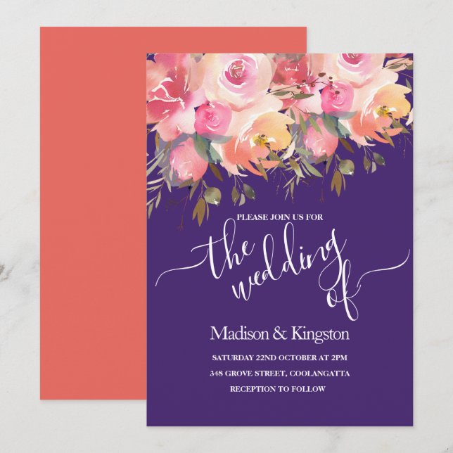 Tropical Purple Pink Coral Wedding Invite (Front/Back)