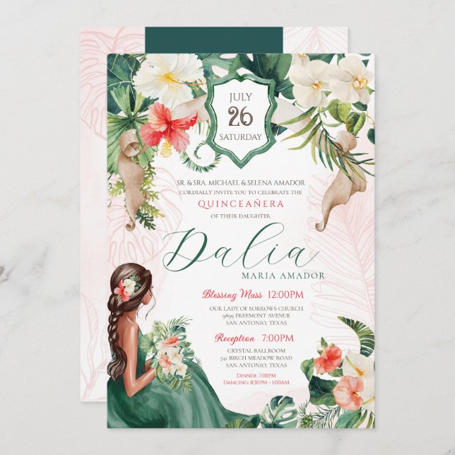 Tropical Quinceanera Birthday Invitation (Front/Back)