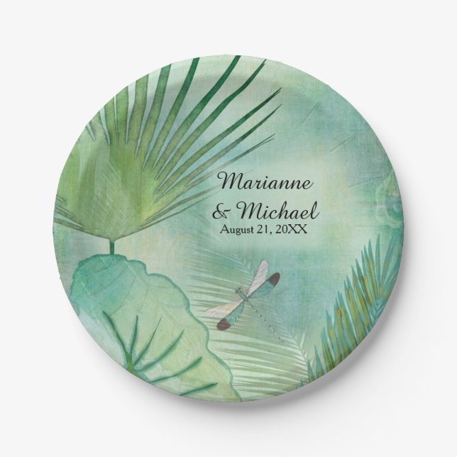 Tropical Rain Forest Leaves Dragonfly Weddings Paper Plate (Front)