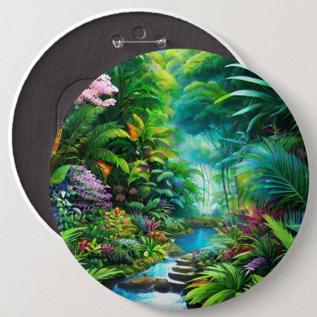 Tropical rain forest with trees and flowers 6 inch round button (Front & Back)