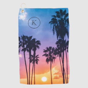Tropical Rainbow Colour Palm Tree Sunset Monogram Golf Towel