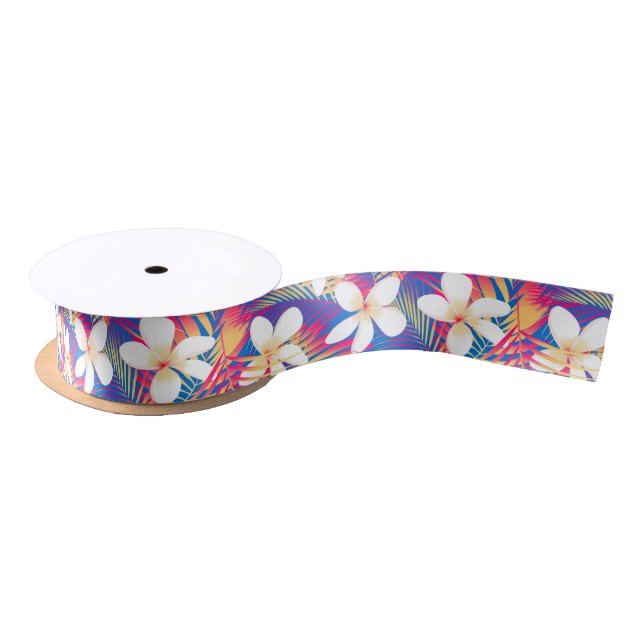 Tropical rainbow frangipani satin ribbon (Spool)