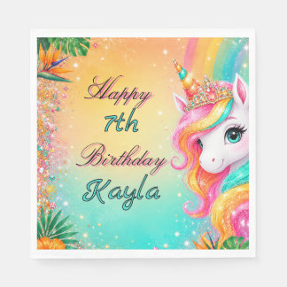 Tropical Rainbow Unicorn Floral Girls Birthday Napkin