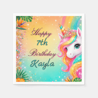 Tropical Rainbow Unicorn Floral Girls Birthday Napkin