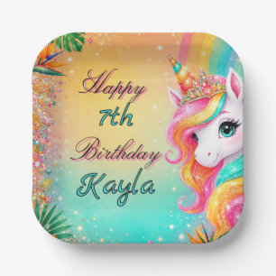 Tropical Rainbow Unicorn Floral Girls Birthday Paper Plate