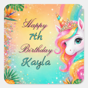Tropical Rainbow Unicorn Floral Girls Birthday Square Sticker