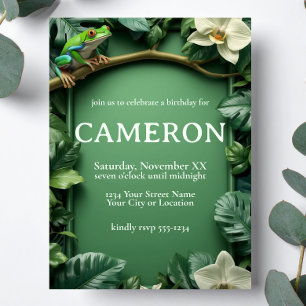 Tropical Rainforest Green Frog in Floral Jungle Invitation